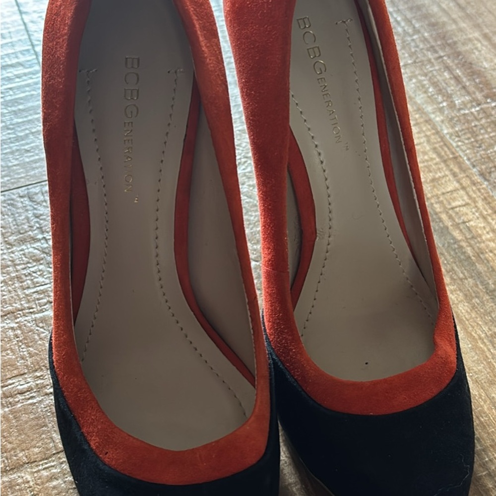 BCBGeneration Burnt Orange and Black Suede Heels